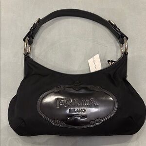 Authentic Prada Black Shoulder Bag with Silver Accents